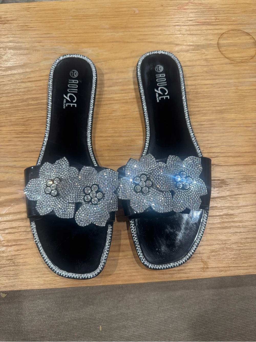 Rouge Helium Black Slide Sandals with Silver Crystal Floral Appliqué